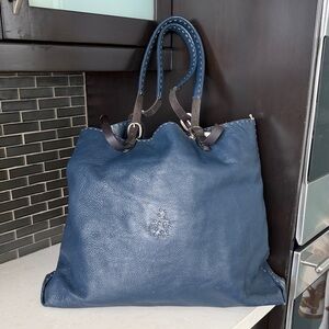 Henry Béguelin Navy Blue Pebbled Leather Tote Bag